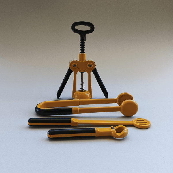set bar plastique ABS jaune et noir : tire-bouchon, pince à glaçons, décapsuleur et agitateur années 70 design italien Scaroni